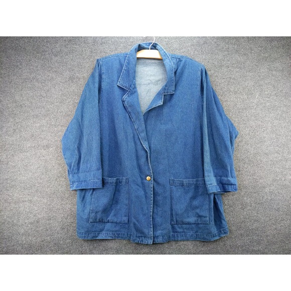 Womens Hunters Run Denim Coat Jacket Size 1X Blue 28W 33.5L Shoulder Pads - Picture 1 of 11
